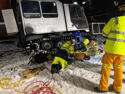 With all the lifting gear in place, under the watchful eye of the safety officer the vehicle is lifted to allow access to the casualty for Ambulance Victoria.